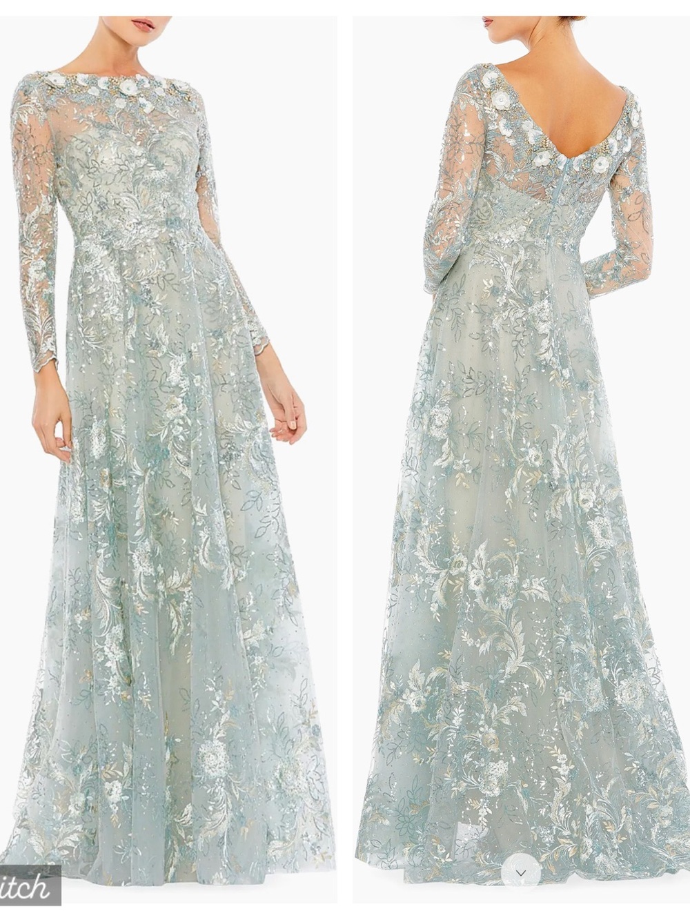 Mac Duggal Silver Blue Long-Sleeve Embroidered Evening Gown